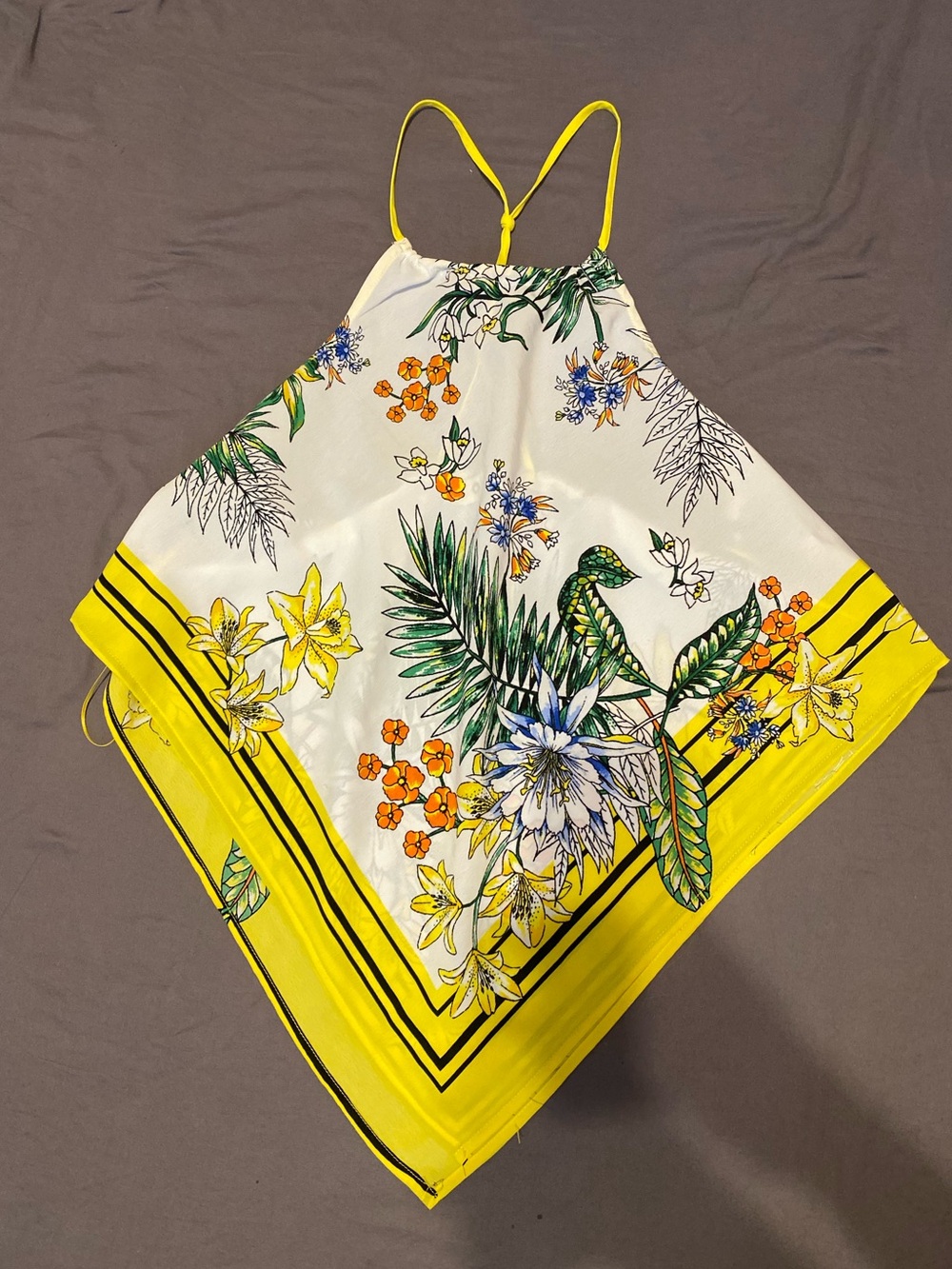 O.L.M yellow white floral print bandana style halter top, size medium